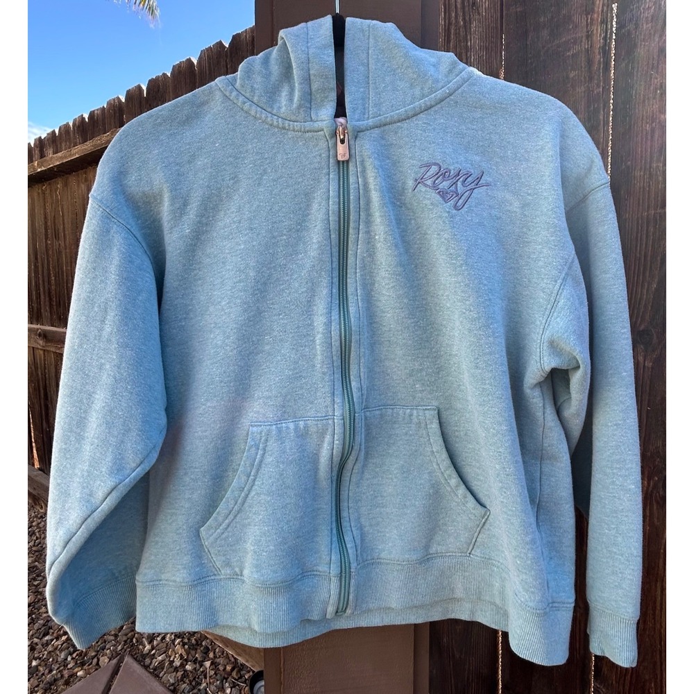 Roxy Girls L 12/14 Aqua Blue Full Zip Hoodie Floral Lined Fleece Logo